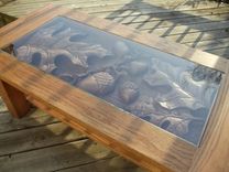 Oak Coffee Table, Oak Leaf & Acorn Scene, Hand Carved By Jeremy & Scott, Lazy River Studio 1 small