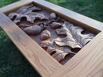 Oak Coffee Table, Oak Leaf & Acorn Scene, Hand Carved By Jeremy & Scott, Lazy River Studio 3 small