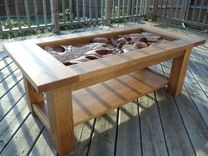 Oak Coffee Table, Oak Leaf & Acorn Scene, Hand Carved By Jeremy & Scott, Lazy River Studio 4 small
