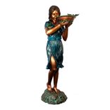Bronze Garden Fountain, Girl Holding A Bowl With 2 Birds 1 small