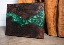 Walnut Live Edge W/ Emerald-Gold Color Shift Resin River Art, Cheeseboard/Cuttingboard/Lazy Susan 2 small