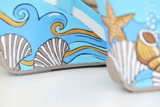 Summer Wedding Shoes/Hand Painted Shoes / Hand Painted Wedge Shoes/ Summer Shoes/ Blue Wedges 4 small