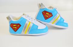 Baby Shoes/ Baby Sneaker/ Super Man/ Hand Painted/ White Leather Infant Shoes 1 small