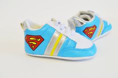 Baby Shoes/ Baby Sneaker/ Super Man/ Hand Painted/ White Leather Infant Shoes 3 small