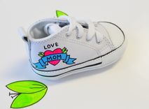 Baby Shoes/ Baby Converse/ Love Mom Shoes/ Hand Painted/ White Leather Infant Shoes 3 small