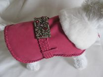 Swarovski Bling Buckled Hot Pink Suede Dog Clothes With Fur Collar 4 small