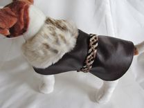 Brown Leather Dog Clothes With Genuine Rabbit Collar & Braided Belt 1 small