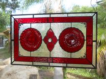 Stained Glass Window Panel, Depression Glass Plate Valance, Ruby Red Bubble 5 small