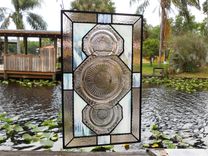 Recycled Pink Depression Glass, Antique Stained Glass Window Transom, Old Window Valance 8 small