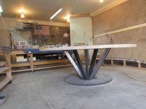 90" Round Oak Dinning Table With Steel Base 1 small