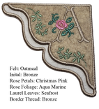 Handmade Embroidered Corner Bookmark: Antique Rose Monogram On Felt 3 small