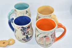 Four Coffee Mugs Set - Artistic Carved And Glazed Ceramic Mugs 16-20 Ounce Coffee Cups 1 small