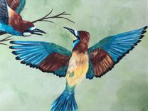 Ruffled Feathers--Handpainted Birds On Vintage Cabinet Door 4 small