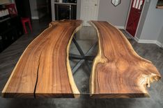 Live Edge Dining Table, Bookmatched Mesquite W/ Glass Inlay 2 small