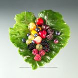 Lead Crystal Rhubarb Leaf, Pate de Verre, With Hand Blown Glass Berrry Sculptures 1 small