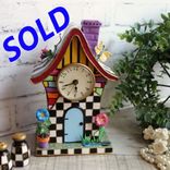 Hand Painted Whimsy Black and White Check Birdhouse Clock 1 small