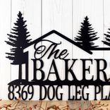 Custom Metal Family Name and Address Sign with Cabin and Pine Trees 4 small