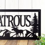 Personalized Metal Family Last Name Sign, Moose & Rocky Mountain Range Scene Wall Art, Custom Northern Wildlife Outdoor Steel Plaque 4 small