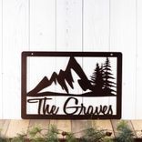 Custom Cursive Family Last Name Metal Sign with Rustic Rocky Mountain Range Scene, Personalized Outdoor Country Cabin Pine Tree Steel Plaque 4 small