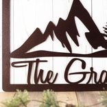 Personalized Hanging Metal Family Name Plaque with Mountains and Pine Trees 3 small