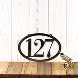 Personalized Contemporary Hanging Oval Metal House Number Sign, Minimalist Horizontal Outdoor Address Plaque, Modern 5 inch Serif Numbers 1 small