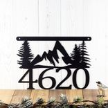 Personalized Hanging House Number Metal Sign with Mountains and Pine Trees 1 small
