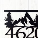 Personalized Hanging House Number Metal Sign with Mountains and Pine Trees 3 small