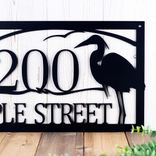 Personalized Great Blue Heron Metal Address Sign, Custom Outdoor House Number Steel Plaque, Sunrise Lake Scene with Egret Bird Wall Art 4 small