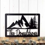 Custom Cursive Family Last Name Metal Sign with Rustic Rocky Mountain Range Scene, Personalized Outdoor Country Cabin Pine Tree Steel Plaque 1 small