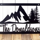 Custom Cursive Family Last Name Metal Sign with Rustic Rocky Mountain Range Scene, Personalized Outdoor Country Cabin Pine Tree Steel Plaque 3 small