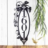 Personalized Vertical Metal House Number Plaque with Vines and Fleur De Lis 4 small