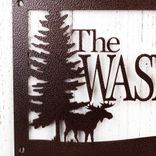 Custom Metal Family Name Plaque with Moose and Pine Trees 3 small