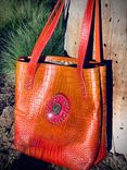 Leather Hand dyed embossed gator print with pyrite ammonite fossil 4 small
