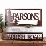 Personalized Metal Family Name and Address Sign with Lake Loon and Pine Trees 4 small