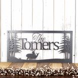 Personalized Rectangular Metal Family Name Plaque with Buck, Doe Deer, and Pine Trees 5 small