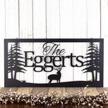 Personalized Rectangular Metal Family Name Sign with Buck Deer and Pine Trees 1 small