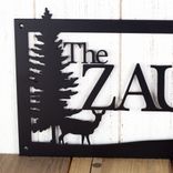 Personalized Rectangular Metal Family Last Name Sign with Doe Deer and Pine Trees 3 small