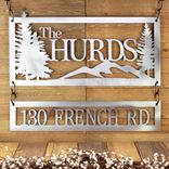 Personalized Metal Family Name and Address Sign with Mountains and Pine Trees 6 small