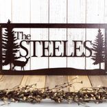 Personalized Rectangular Metal Family Last Name Sign with Doe Deer and Pine Trees 4 small
