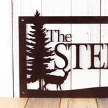 Personalized Rectangular Metal Family Last Name Sign with Doe Deer and Pine Trees 6 small