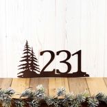 Rustic Personalized Metal House Number Sign, Evergreen Pine Trees Silhouette, Custom Northern Nature Address Steel Plaque, 5 inch Numbers 3 small