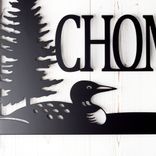 Personalized Metal Family Name and Address Sign with Lake Loon and Pine Trees 3 small