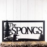 Personalized Rectangular Metal Family Last Name Sign with Lake Loon and Pine Trees 4 small