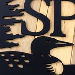 Personalized Rectangular Metal Family Last Name Sign with Lake Loon and Pine Trees 5 small