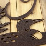 Personalized Rectangular Metal Family Name Sign with Lake Loon and Pine Trees, Script Lettering 5 small