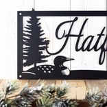 Personalized Rectangular Metal Family Name Sign with Lake Loon and Pine Trees, Script Lettering 3 small