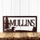 Personalized Rectangular Metal Family Name Sign with Lake Loon and Pine Trees 3 small