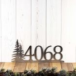 Custom Pine Tree Metal House Number Sign, Rustic Northern Forest Scene, Personalized Horizontal Address Steel Plaque, 5 inch Numbers 5 small