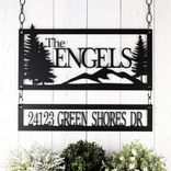 Personalized Metal Family Name and Address Sign with Mountains and Pine Trees 1 small