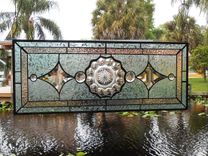 1930s Heisey Depression Glass Stained Glass Panel, Vintage Window Transom W Peerless Plate 7 small